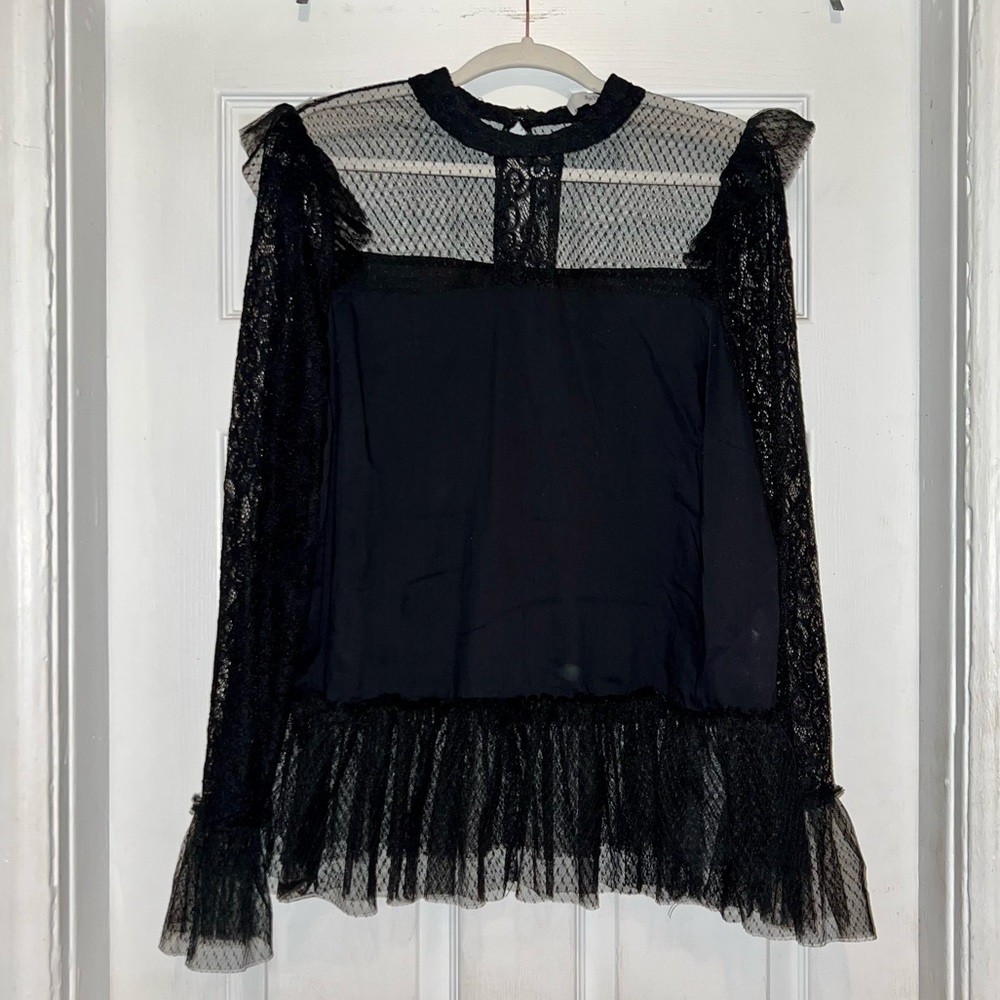 JUSTFAB Black Mixed Lace Peplum Top